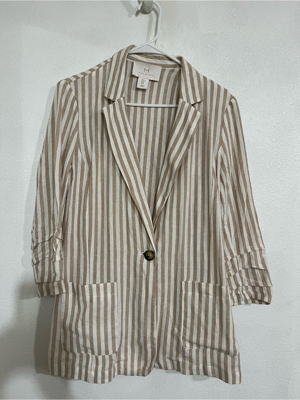 Halaton Beige & White Vertical-Stripe Blazer linen blend